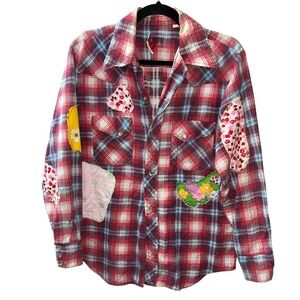 The Pecos Red Plaid Up Cycled Long Tail Western Shirt Appliqued Patches Size M